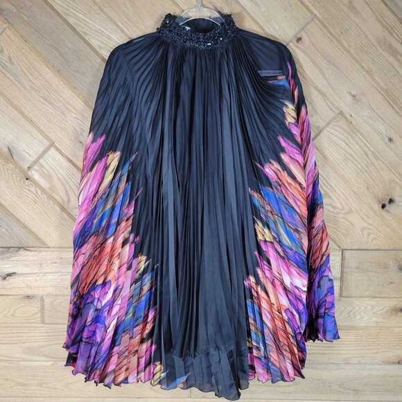 Alberto Makali Cape Dress Beaded Collar Pleated Flowy Belled Arms Size S Small - Picture 3 of 9